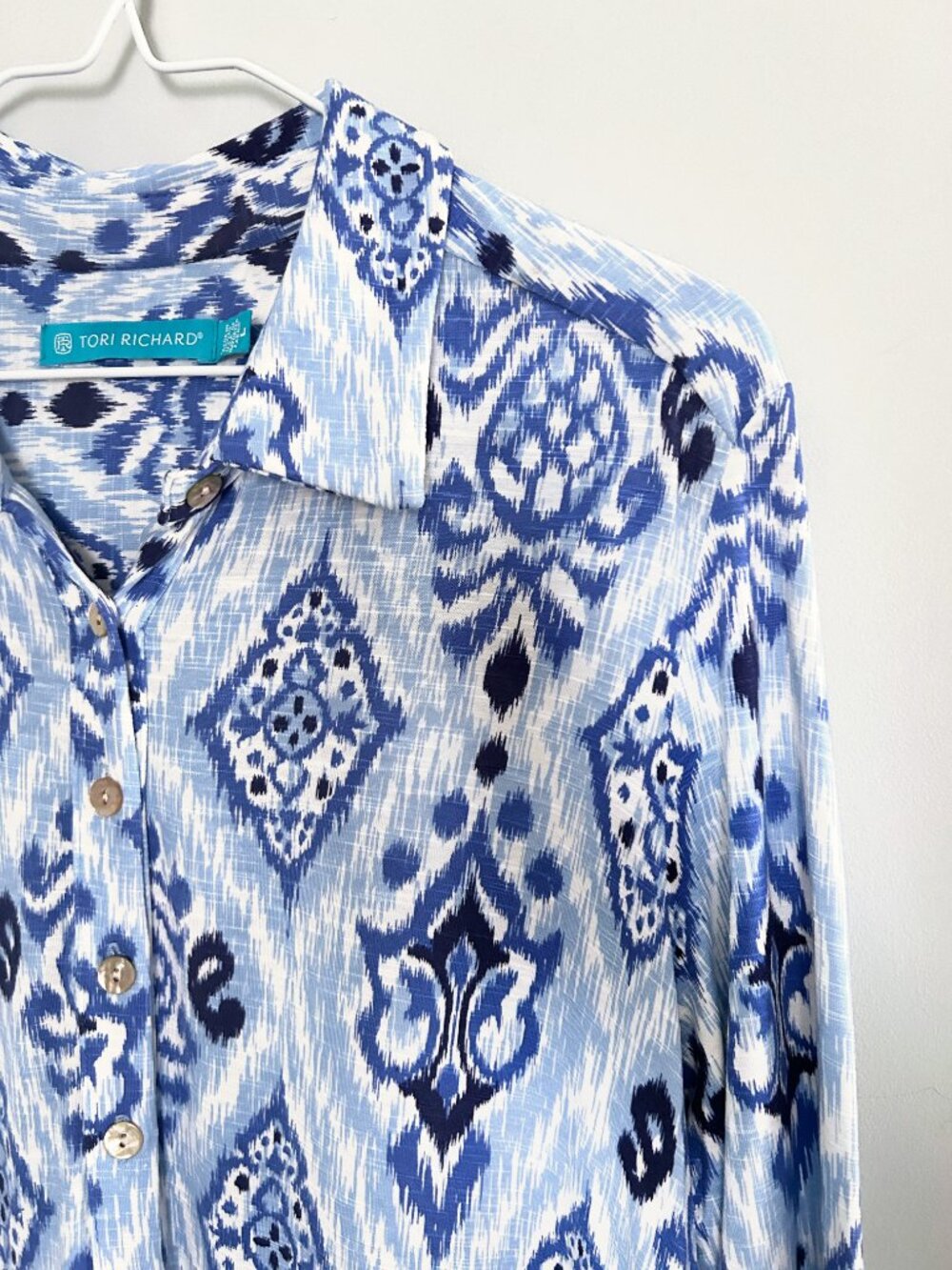 Tori Richard Blue White Ikat Print Shirt Shift Dress Size Large Coastal Resort